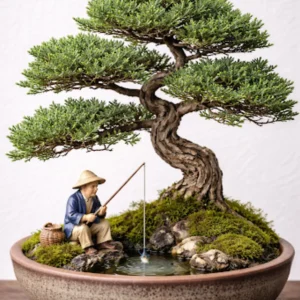 Live Dwarf Juniper Bonsai Tree About 6 Years Old with Cute Ceramic Fisherman
