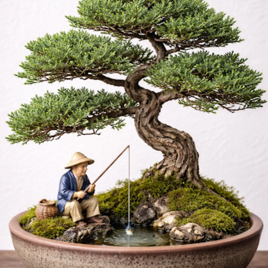 Live Dwarf Juniper Bonsai Tree About 6 Years Old with Cute Ceramic Fisherman