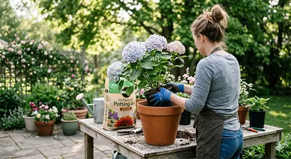 Repotting of hydrangea