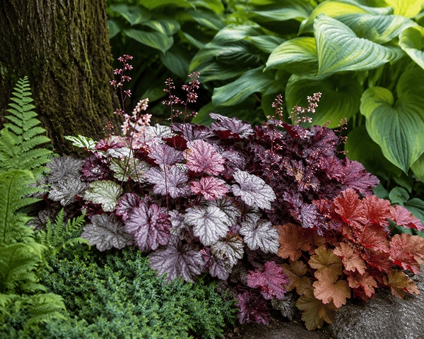 Healthy heuchera growth under large foliage from other plants