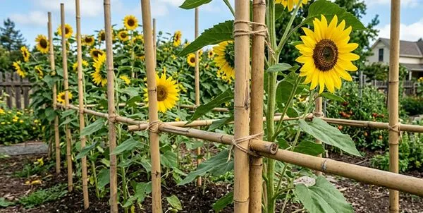 Bamboo Staking of Sunflowers